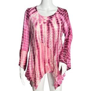 Studio West Apparel Womens Small Pink White Tie Dye Tiered Tunic Bohemian Hippie